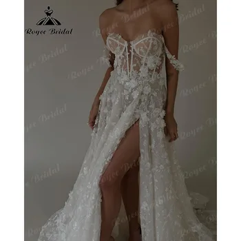 Robe Mariee Dantel Çiçek Yüksek Bölünmüş Korse Geri düğün elbisesi Cap Sleeve ile Kapalı Omuz 2024 Seksi Kadınlar gelin kıyafeti Brautklei