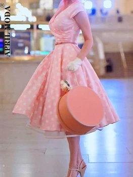 Zarif Vintage Casual kadın Kısa Balo Elbise Pembe Polka Dot Baskı Fransız Tarzı 50s 60s Pinup Salıncak Pist Flare Parti Elbiseler