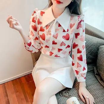 Kadınlar sevimli bebek Yaka Bahar Sonbahar Gömlek Moda Tatlı Kalp Baskı Kore Tarzı Trend Gevşek günlük t-shirt Bayanlar Zarif Üstleri