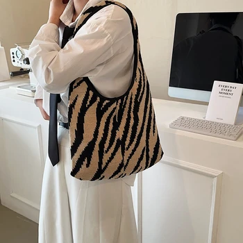 Şık Örme kadın Çantası Zebra Desen Tığ Halat Çanta omuzdan askili çanta Eko Çanta Kore Alışveriş Örgü Çanta Açık Sling El Çantası