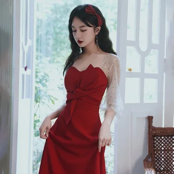 Hong Hu kadın Resmi Gece Elbisesi Illusion 2023 Yaz Bordo Nişan Düğün Gelin Resmi Olay Balo elbisesi Kadınlar İçin