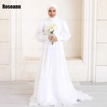 Müslüman Yüksek Yaka A-line Gelinlik Düğmesi 2024 Yeni Fırça Tren Tam Dökümlü Plise Kat Uzunluk gelinlik robe de mariée