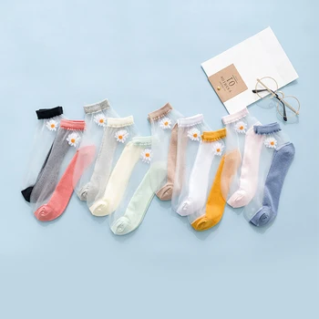 Kadınlar İçin ipek Çorap Şeffaf Cam Dantel İpek Çorap Japon Harajuku Ultra İnce Nefes Papatya Nakış Ayak Bileği Çorap