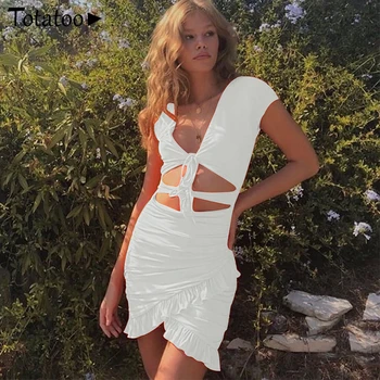 Kadın Dantel Dantelli Bodycon Mini Elbise Kadın V Boyun Yaz Ruffles Sundress Beachwear Vestidos