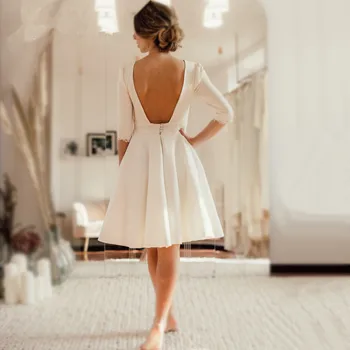 2023 Kısa düğün elbisesi Aç Geri Krep Diz Boyu gelin elbiseleri Kısa Kollu robe de mariage