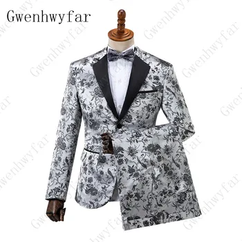 Gwenhwyfar Erkek Gümüş 3 Parça Set Kaliteli Siyah Çiçek Desen Brokar Jakarlı Takım Elbise Düğün Damat Smokin Sahne Kostüm