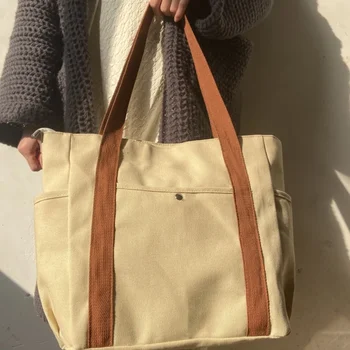 Moda Minimalist Tote Çanta Rahat Çok Yönlü Katı omuzdan askili çanta Büyük Kapasiteli Tiki Tarzı Commuting kadın kanvas çanta