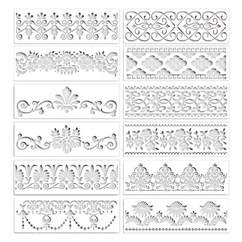 12 Adet Çiçek Sınır Şablonlar Mandala Şablonlar Yeniden Kullanılabilir Kesim Boyama Şablonları DIY Craft İçin Şablonlar, 12X3. 9 İnç