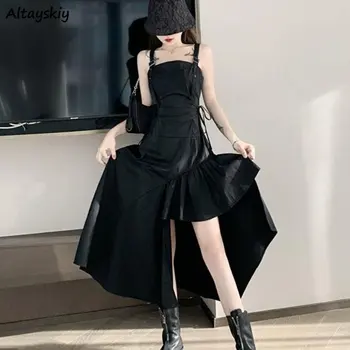 Kolsuz Elbise Kadın Asimetrik Tasarım Şık Streetwear Yeni Moda İnce Yaz Vestidos Kore Ulzzang Tarzı Y2k Gotik