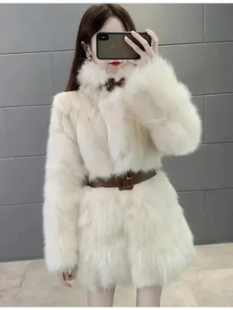 Kalınlaşmak Sıcak Faux Fox Kürk Paltolar Kemer Kış Kore Moda Ceket Gevşek Rahat Kürklü Casaco Yaka Kadın Peluş Chaquetas