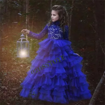çiçek Kız Elbise Uzun Kollu Balo Çocuk Pageant Elbise Yüksek Boyun Kraliyet Mavi Kız Elbise Düğün İçin