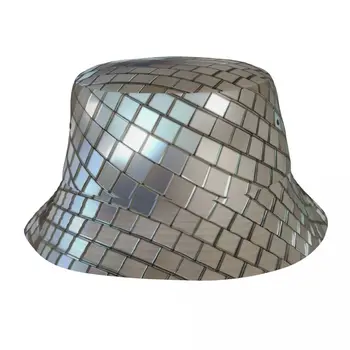 Moda Parlak Gümüş Disko Topu Desen Kova Şapka Erkekler Kadınlar Packable Açık Retro 70s balıkçı şapkası Yaz Plaj Şapkalar