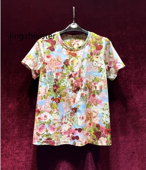 Kadın Pamuklu tişört Aplikler Vintage Baskı El Yapımı Boncuk Tasarımcı Şık Kısa Kollu Tee Gömlek Kadın 2023 Yaz En Yeni