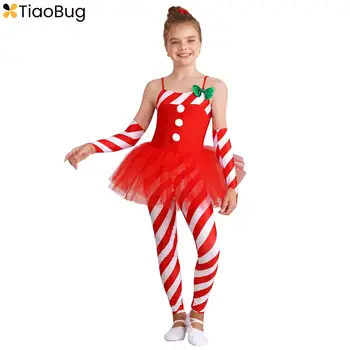 Çocuk Kız baston şeker Çizgili Noel Kostüm Tulum Noel Bayan Baba Bodysuit Dans Jimnastik Tutu Leotard Kol Kollu