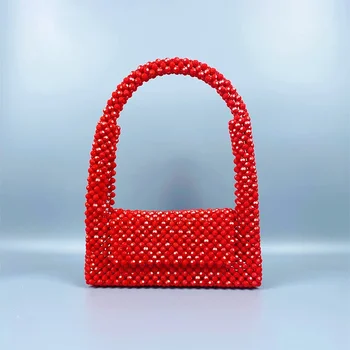 2023 Yeni Yaz Kırmızı Premium Akrilik El Yapımı kadın Çantası Boncuklu Örgü Mobil El omuz çantaları Kadınlar için Özelleştirme