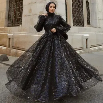 Başörtüsü Mulism Abiye Yüksek Boyun Uzun Kollu Kat Uzunluk Siyah Sequins Arapça İslam Balo Elbise Kadınlar Mütevazı Parti Kıyafeti