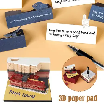 Sihirli Tren Üç Boyutlu Kağıt Oyma Ped DIY Küpleri Yapışkan Kağıt Notlar Oyma Ev Sonrası Notlar Yaratıcı Bloknotlar Ağacı U6M3