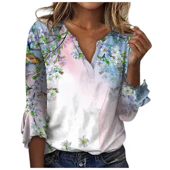 Kadın Bluz Çiçek Tema baskılı tişört Gömlek V Boyun Rahat Kadın Günlük Kazak Yeni T Shirt Tasarım Streetwear Yaz 2023