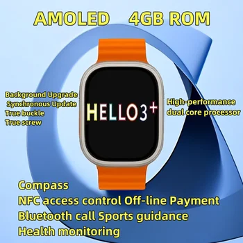 Merhaba İzle 3 + Amoled Ekran 4GB ROM akıllı saat NFC Serisi 8 Ultra 49mm Pusula nabız monitörü Erkekler Kadınlar Smartwatch