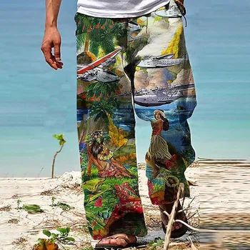 Erkek Hawaii plaj pantolonları Yaz Etnik Tarzı Baskı Elastik Bel Pantolon Drawstrings Cepler Vintage Boy Gevşek Dipleri