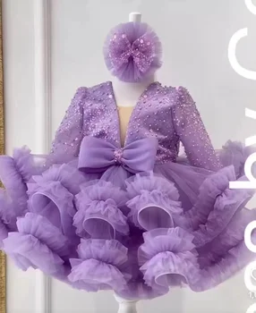 2023 Pullu Boncuk Çocuk doğum günü partisi elbisesi Sparkly Kız Düğün Parti Elbise Puf Çiçek Kız Elbise Sevimli Bebek Elbise İlk Elbisesi
