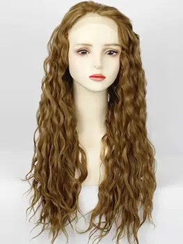 Uzun kahverengi kıvırcık şeffaf dantel sentetik insan saçı ön kıvırcık dantel kadın peruk
