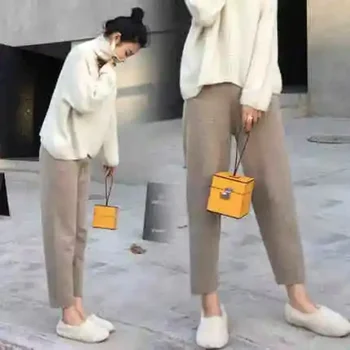 Sonbahar Kış Düz Renk Sıcak Örme Pantolon Klasik Gevşek Kalın Sıcak harem pantolon Rahat Yüksek Bel Elastik Yumuşak Pantolon Kadın