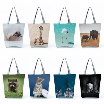 Sevimli Bebek Hayvanlar Baskı Alışveriş Çantaları Katlanabilir Tote Kadın Hayvan Köpek Büyük Kapasiteli omuz çantaları Bakkal Kadın Çanta