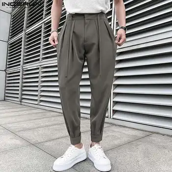 2023 Erkek Pantolon Düz Renk Dantel Pilili Streetwear Joggers günlük pantolon Erkekler Gevşek Moda Eğlence Uzun pantolon S-5XL INCERUN