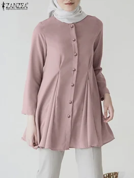 ZANZEA Zarif Uzun Kollu Müslüman Gömlek Moda Eid Mubarek Bluz Kadın O-boyun Katı Üstleri Rahat Pilili İslami Giyim 2023