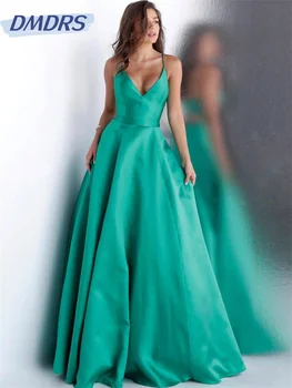 Moda Derin v yaka Tül gece elbisesi 2024 Klasik Saten Kolsuz Elbise Seksi a-Line Kat Uzunlukta Abiye Vestidos De Novia