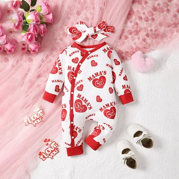 Sevgililer Günü Bebek Kız Kıyafet Uzun Kollu Kalp Baskı Romper Tulum Kafa Bandı İle Bebek Giysileri