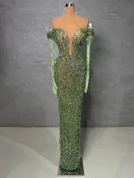 Şık Mermaid Abiye Uzun Kollu Derin V Boyun Sequins Boncuklu Seksi 3D Dantel Hollow Diamonds balo kıyafetleri Custom Made