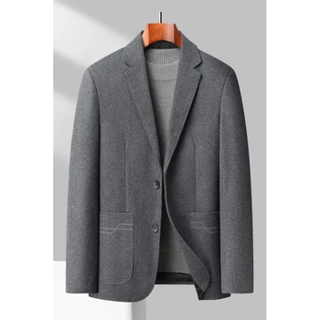En iyi 2023 Sonbahar erkek Düz Renk İş Yün Takım Elbise Rahat Sıcak Yün Palto Gevşek Kalın Blazers Ceketler Kostüm Kısa Palto