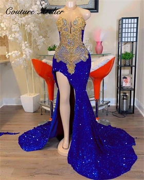Kral Mavi Pullu Altın Kristal Halter Mermaid balo kıyafetleri 2024 Siyah Kız Elbise Parti Akşam Zarif Lüks Ünlü