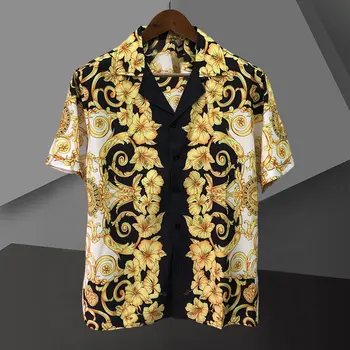 2023 Lüks Siyah Altın Tam Altın Çiçek Gömlek Erkekler Casual Gömlek Camisa Masculina İnce Üçgen Baskı Gömlek Elbise Erkekler Kısa Kollu