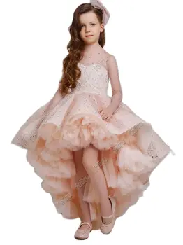 Kristal Çiçek Kız Elbise Düğün İçin Yüksek Düşük Boncuklu Uzun Kollu Pageant Törenlerinde Photoshoot İçin İlk Communion Çocuk Elbise