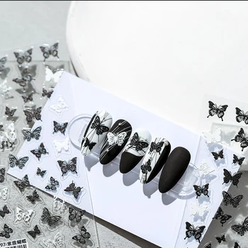 5D Siyah Beyaz Kabartma Kelebek Tırnak Sticker (5D)yumuşak Kabartmalı Kaymak Kendinden Yapışkanlı Şık Kelebek Çıkartması Dekor Manikür Aracı