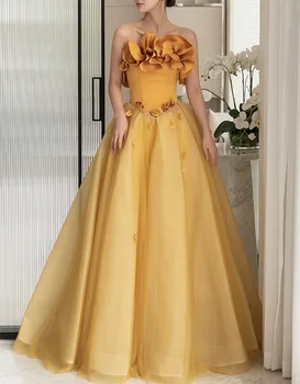 Zarif Çiçek Sarı Örgün Akşam Elbise Tatlı Ziyafet balo elbisesi Lüks Quinceanera Parti Elbiseler Straplez Balo Vestidos