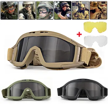3 Lens Taktik Gözlük Seti Rüzgar Geçirmez Toz Geçirmez Çekim Motokros Motosiklet Dağcılık Gözlük Cs Askeri Güvenli Koruma