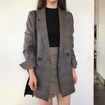 Kadın Kış Ekose Blazers Palto Kore Moda Zarif Katı Kalın Ceket Kadın Kruvaze Ofis Bayan Uzun Palto