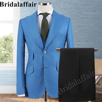 Bridalaffair erkek Takım Elbise Mavi Slim Fit Takım Elbise Eğimli Cep 3 adet Blazer Ceket Yelek Pantolon seti Zarif Düğün Smokin Erkekler için