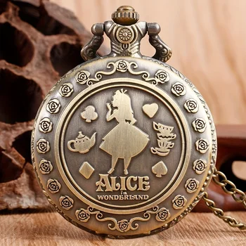 Retro Alice in Wonderland Tema Desen Bronz Kuvars cep saatleri hediyelik saat Erkekler için Erkek Çocuklar Vintage saatler