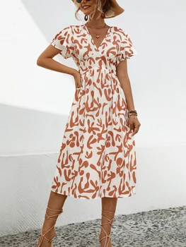 Yaz Zarif Çiçek Baskılar Elbise Yeni Kadın V Boyun Kısa Puf Kollu Elbise Elastik Yüksek Bel Midi A-line Plaj Maxi Midi Elbise