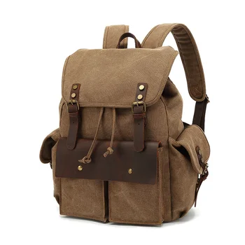 Vintage keten sırt çantası Erkekler için Deri Sırt Çantası Sırt Çantası Tote Satchel Okul Askeri Ordu Omuz Yürüyüş Çantası
