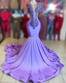 Leylak Mor Mermaid Uzun balo kıyafetleri Kadınlar için Sparkly Kristal Boncuklu Doğum Günü Partisi Elbisesi 2024 robe de soiree femmes