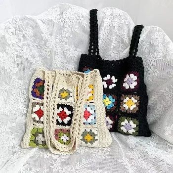 Kadınlar Boho Dokuma Tote Yaz plaj el çantası Çiçek El Yapımı Dokuma omuz çantaları El dantel çanta Çiçek Dikiş Alışveriş Çantası