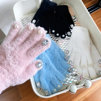 Yeni Kış İnci Parlak Elmas Mücevher Su Samuru Tavşan Peluş Sıcak Beş Parmak Eldiven Japon Öğrenci Eldiven Kadın