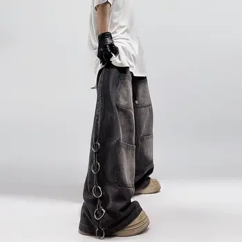 Amerikan Tarzı Büyük Boy Cep Retro Şalvar Kot Erkekler Y2k Hip Hop Punk Geniş Bacak Düz Tulum Siyah Kot pantolon Streetwear