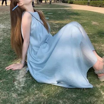 Kadın Yaz Kayma Elbise Yeni Kolsuz yuvarlak Boyun Taze Tatlı Düz Renk Basit evaze elbise